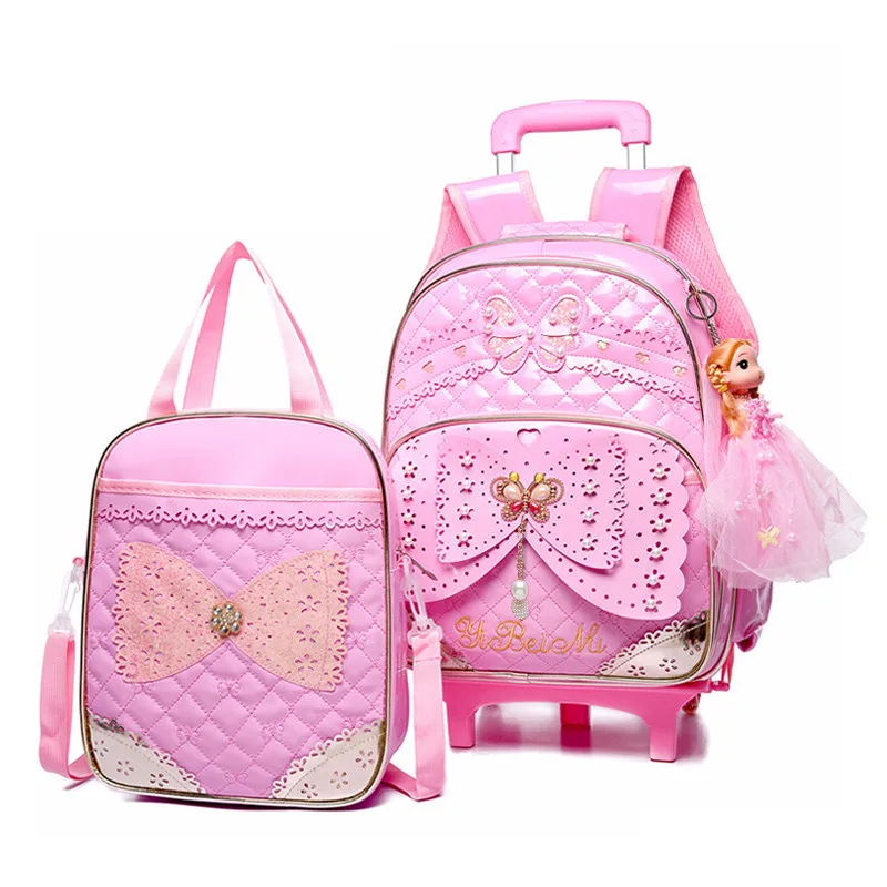 pink 2 wheels Детский школьный ранец на колесиках для девочек, набор для багажа, колесная книга, рюкзак, последние съемные детские школьные сумки с 2/6 колесами, лестницы - Цвет: pink 2 wheels