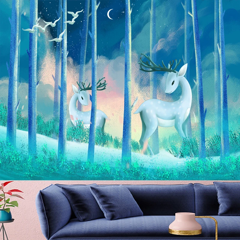 

Nordic cartoon tapestry wall hanging tropical elk landscape tapestry Forest cute kid's room goblen Psychedelic animals Yoga Mat