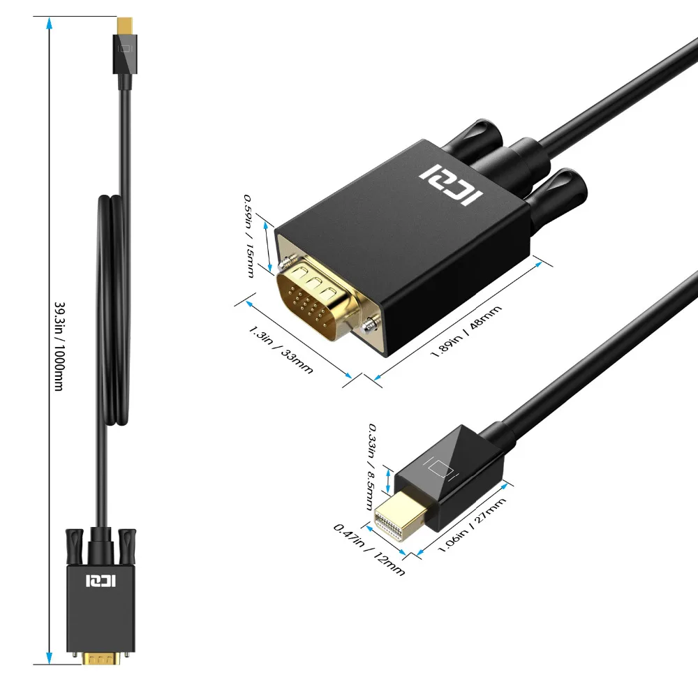 ICZI Thunderbolt Mini DP to VGA кабель 1m 1 8 m штекер для MacBook Surface Pro/3 Chromebook пикселей и т. Д.|vga male