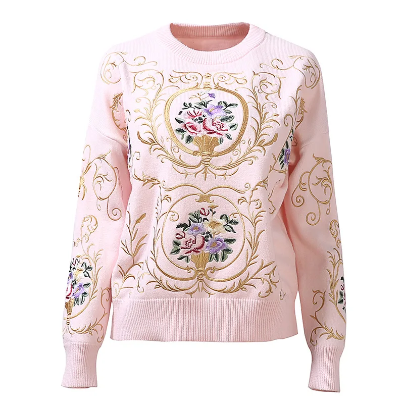 2018 Зимние Модные Вышитые розовые свитера женские высокого качества с длинным