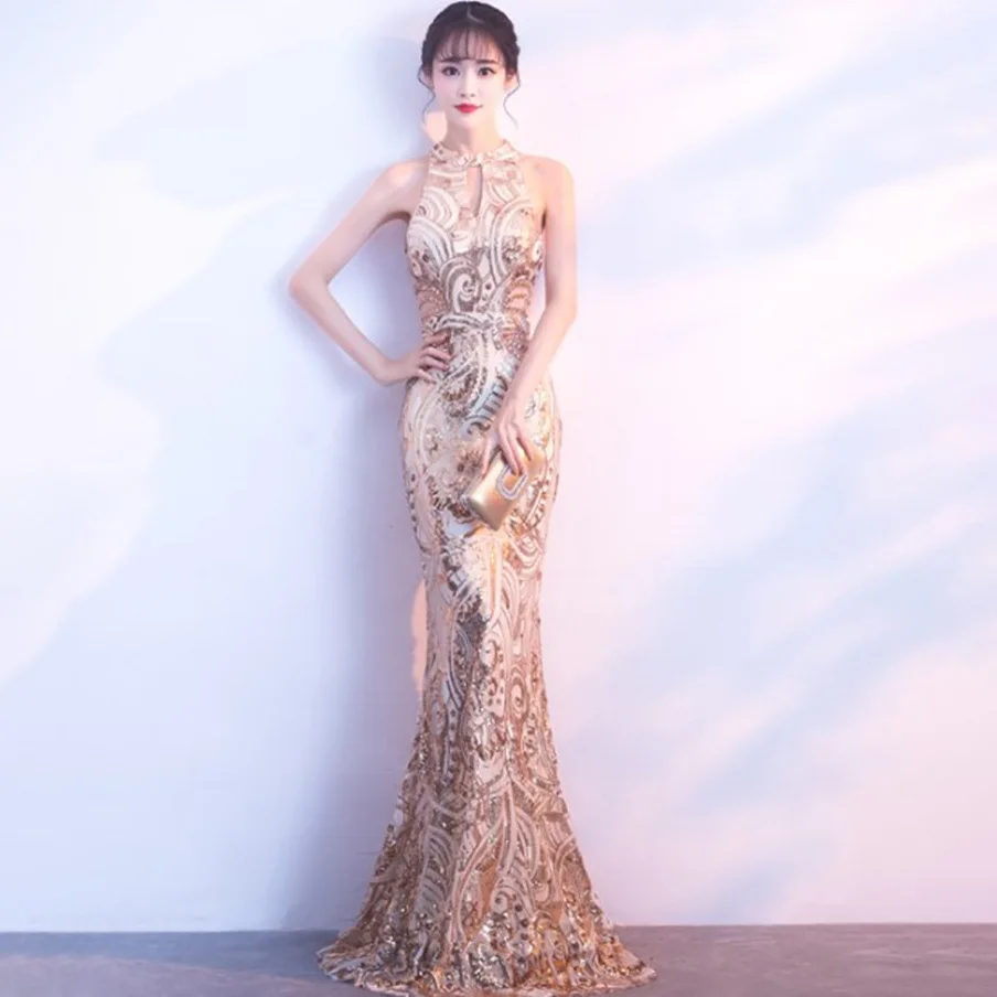 

Women Fashion Gold Sexy Sequin Maxi Dress Hollow Out Floor Length Gold Summer Party Dress Sleeveless Halter Mermaid Dress