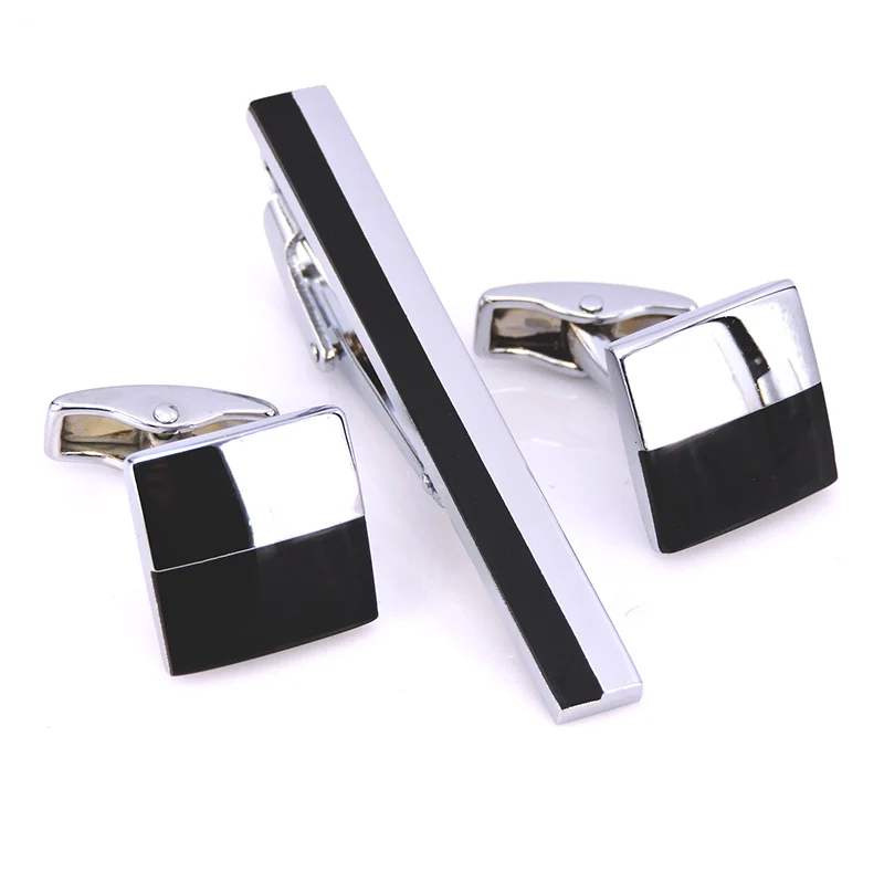 A set of high quality silvery black square tie clip Cufflinks Gift Set men's wedding dress shirt jewellery Cufflink tie clip box