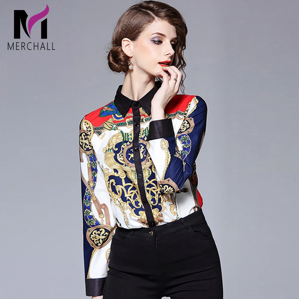 

Merchall Women Autumn Design Runway Shirt Blouse Long Sleeves Retro Print Top Fashion Turn Down Collar OL Style Vintage Shirts