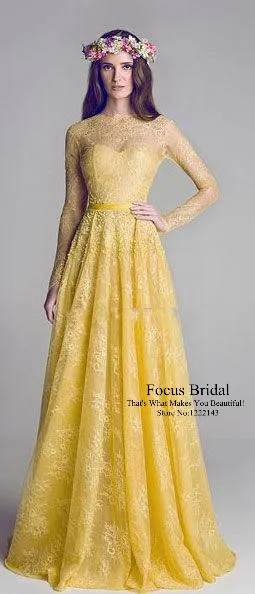 Free Shipping 2014 New Illusion Neckline Backless Yellow Lace A-Line Long sleeve Bridesmaid Dresses | Свадьбы и торжества
