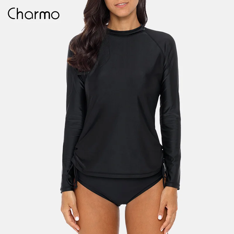 BLK Charmo для женщин Рашгард купальники для малышек С Длинным Рукавом Рашгард сбоку повязки на велосипеде Рубашки Surf Топ Бег Рубашка купальник UPF 50 - Цвет: BLK