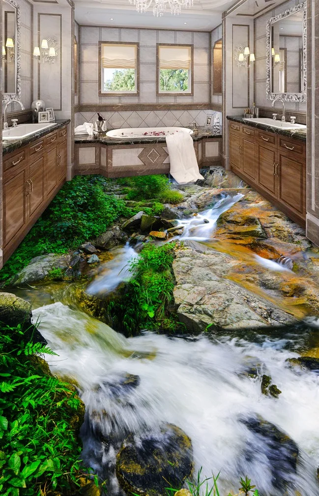 3 d ПВХ полы пользовательские само сцепление 3d речной камень потоки настил для