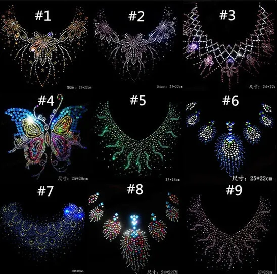 

6pc/lot Fashion neckline Flower design hotfix rhinestone,heat transfer design iron on rhinestone motif,embellishment for the gar