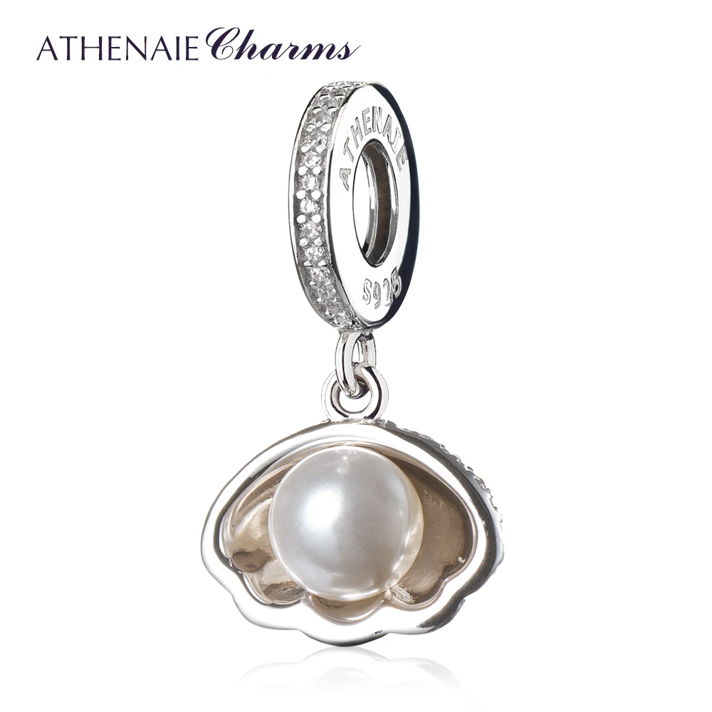 ATHENAIE, 925 пробы, серебро, раковина Ариэль, белый жемчуг, прозрачный CZ кулон, бусины, Подвески, подходят для браслетов и браслетов, сделай сам, ювелирное изделие