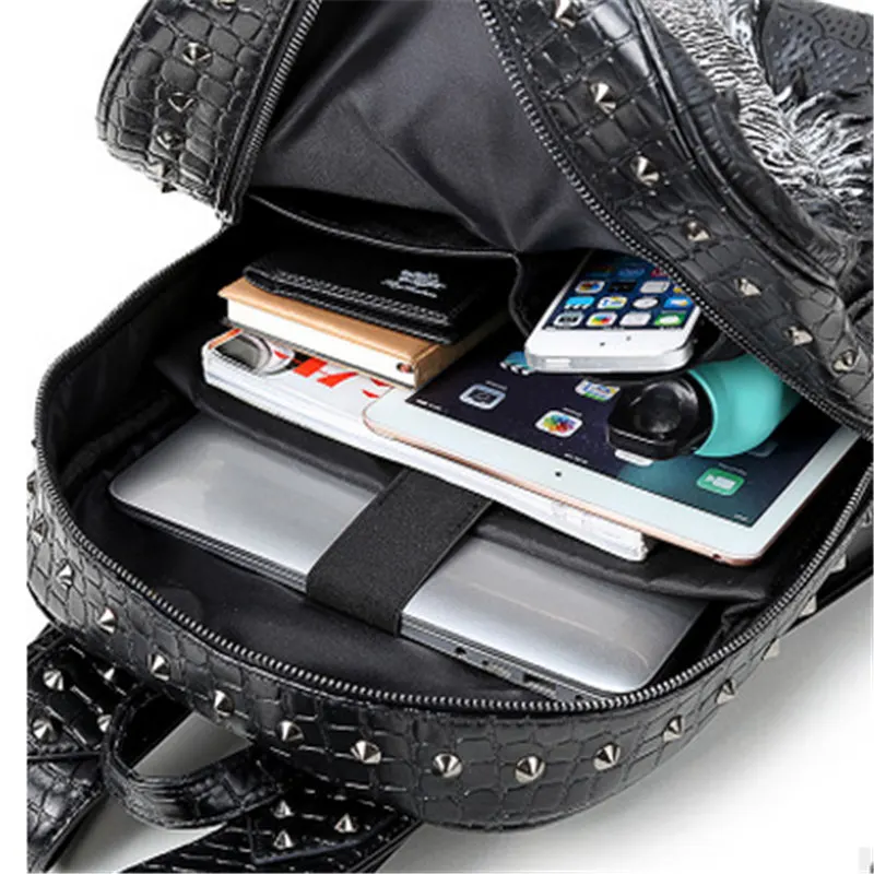 

New PU Leather Women Unique Travel 3D Backpack Punk Rivet Wild Wolf Printing Motorcycle Ride Women Laptop Bags Women Backpack