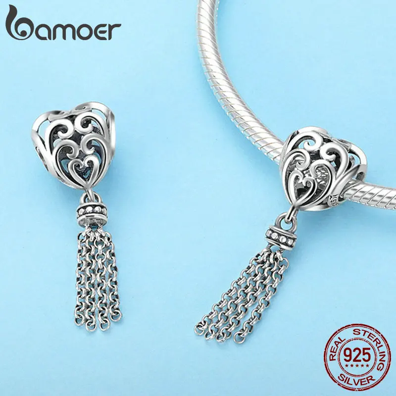 BAMOER, 925 пробы, серебряное, ажурное сердце, с длинной кисточкой, кулон, бусины, подходят для женщин, браслеты, ожерелья, сделай сам, ювелирное изделие SCC722