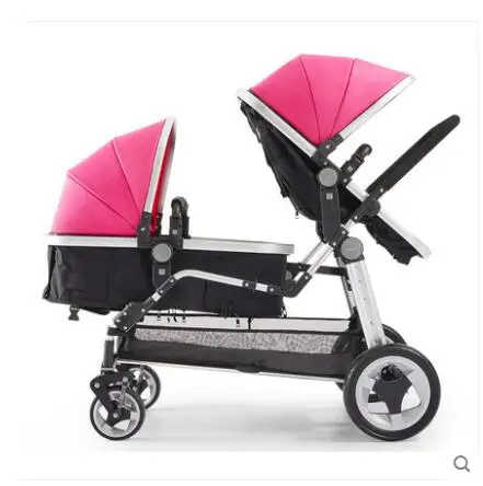 pink Babyfond Роскошная коляска для Близнецов с автомобильным сиденьем, двойная детская коляска с высоким пейзажем, складная коляска,, две люльки - Цвет: pink
