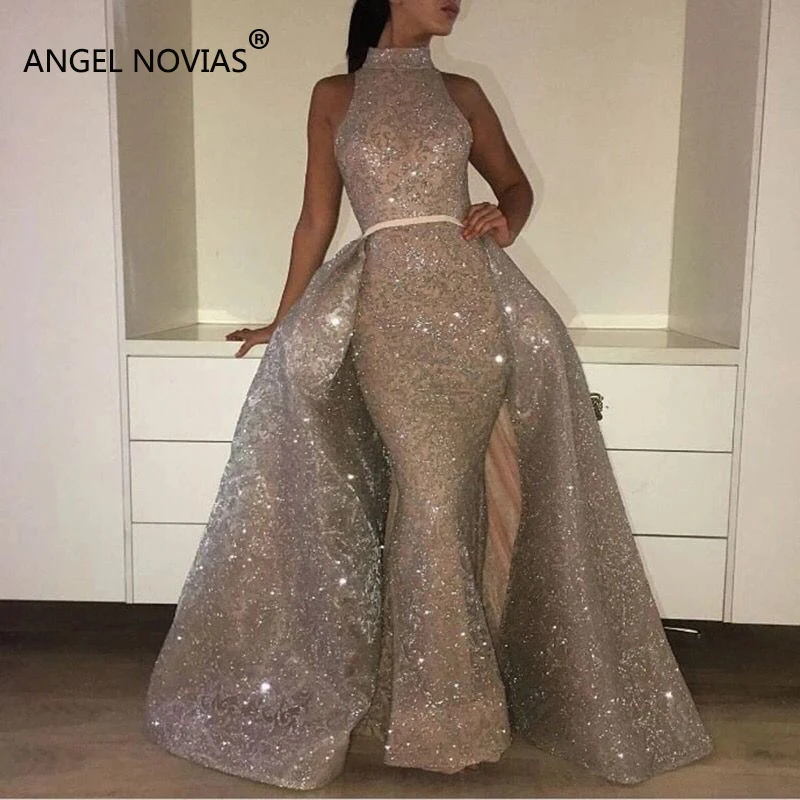 ANGEL NOVIAS длинные вечерние платья без рукавов с высоким воротом 2018 со съемной юбкой