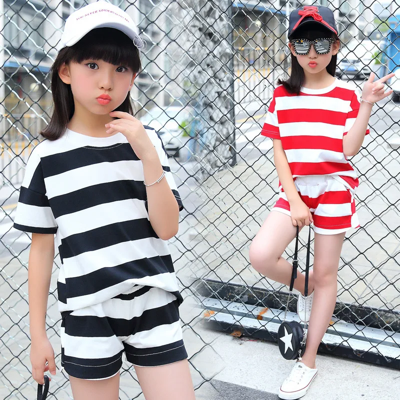 

Children Clothing Sets 2020 Summer Girls Clothes Short Sleeve Striped T-Shirt & Shorts 2Pcs Girls Sports Suits 4 6 8 10 12 Years