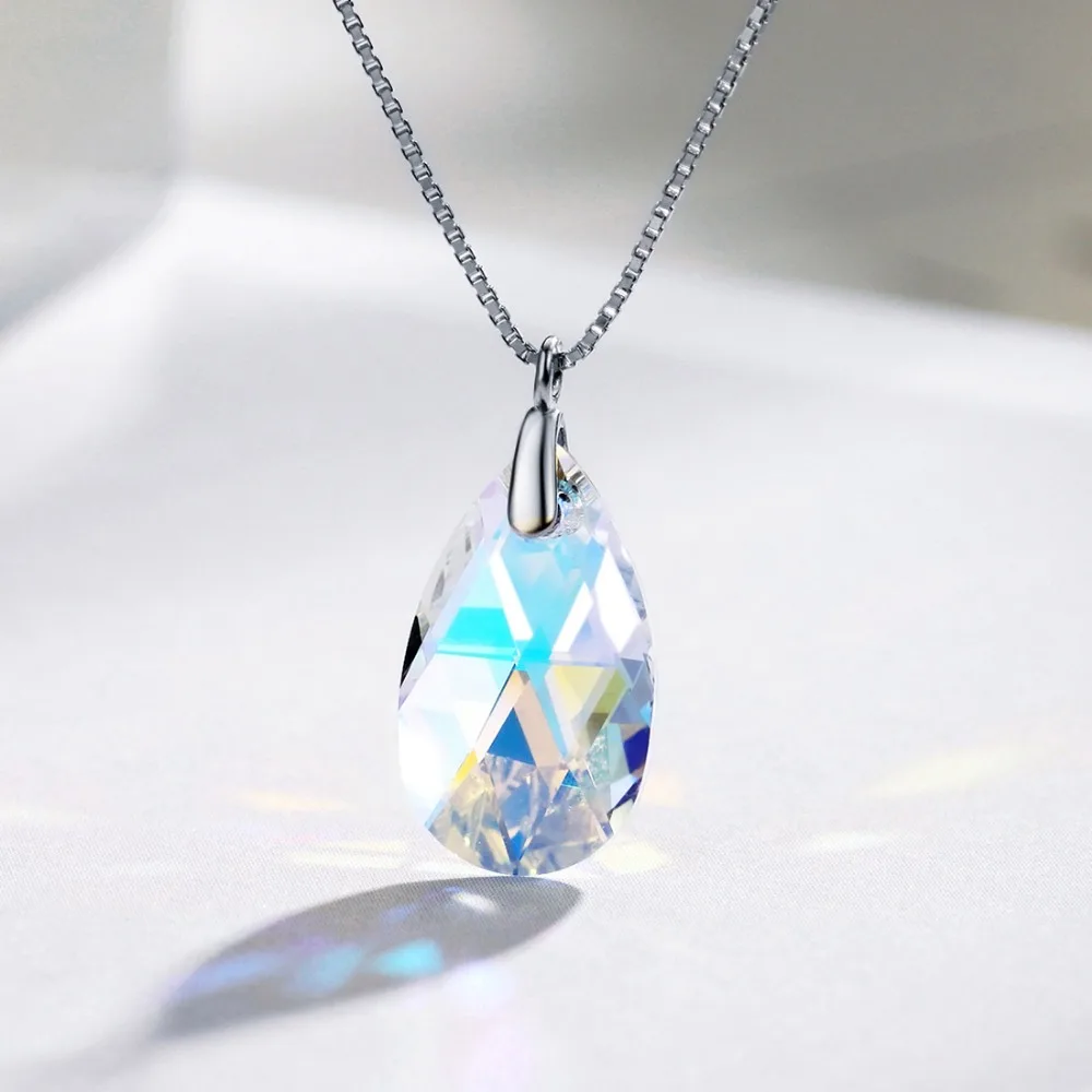 Neoglory S925 Серебряное ожерелье с каплевидной подвеской, простой кристалл, модная цепочка, ожерелье и подвеска, ювелирное изделие, подарок MC