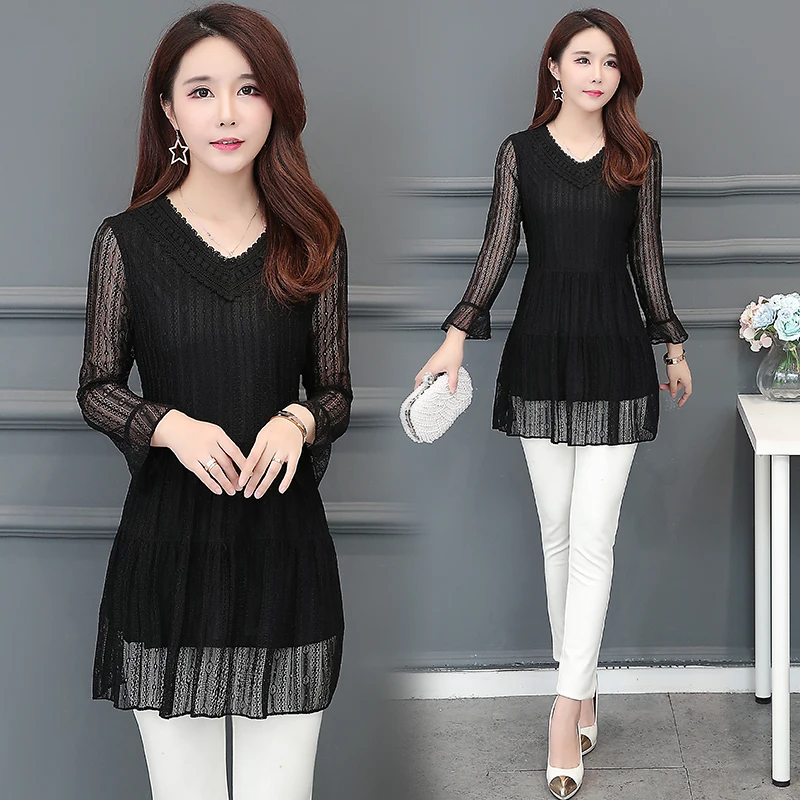 Женская кружевная блузка с длинным рукавом V образным вырезом и рукавом|Блузки| |