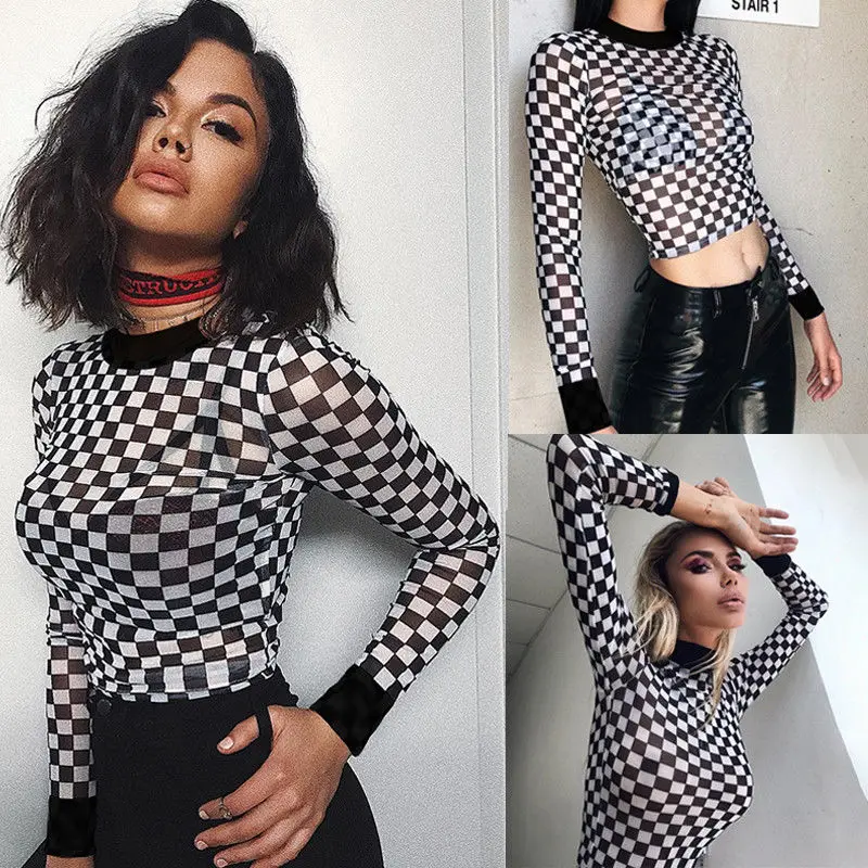 Women High Collar Crop Top Ladies Long Sleeve Short Tops Stretch Blouse | Женская одежда