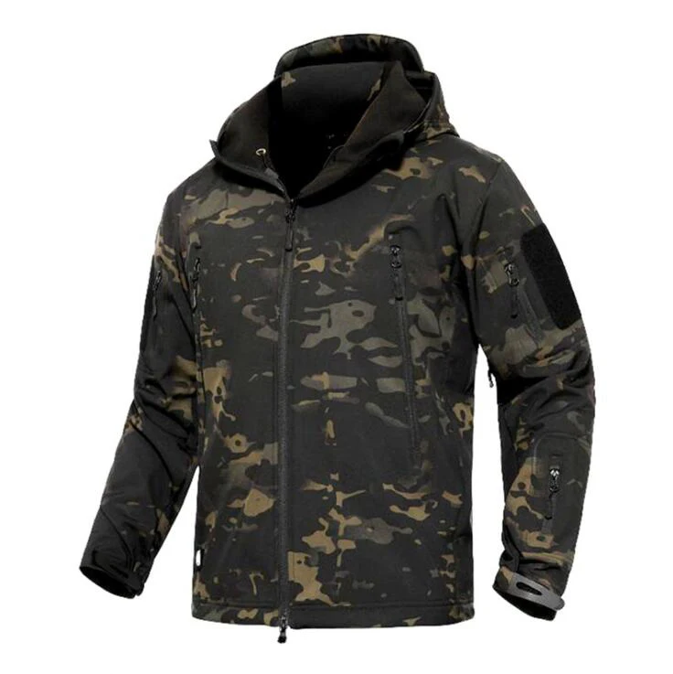 Tactical Softshell Hoodie Men Outdoor Fleece Jacket Wind Waterproof Multicam Black A-TACS Kryptek VKBO Flecktarn(050403)