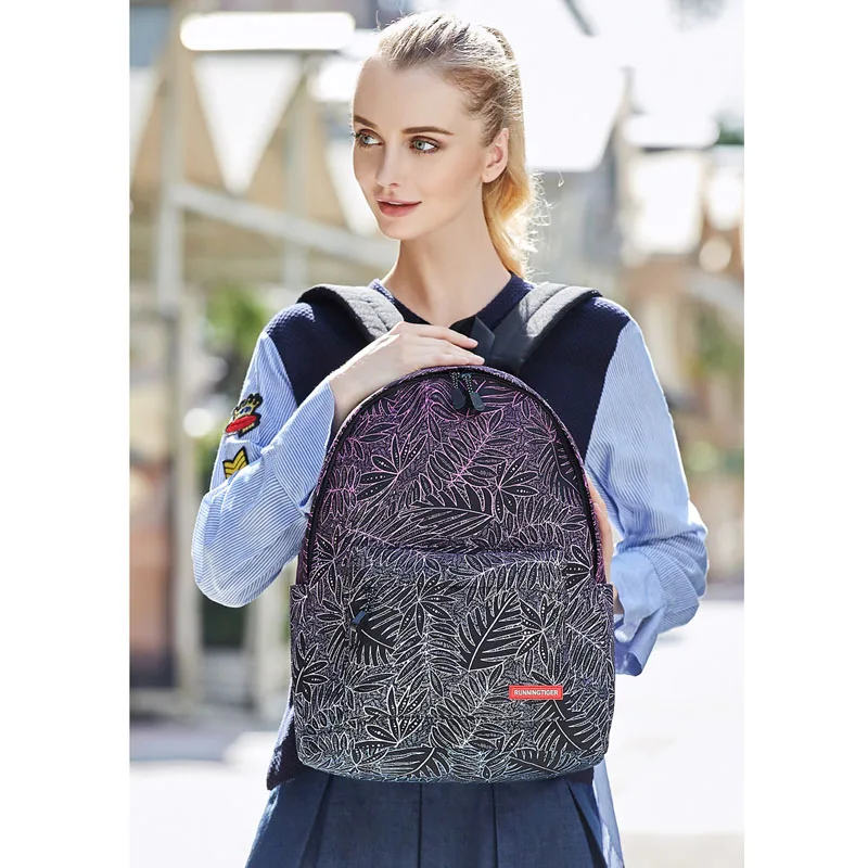 Серия женских рюкзаков Famous Brand Runningtiger с принтом листьев и карикатурой, разработанных креативным дизайнером для студентов и путешествий.