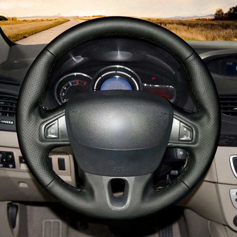 Натуральная кожа кожаный черный чехол рулевого колеса автомобиля для Renault Fluence ZE 2009- Megane 2009- Scenic 2010