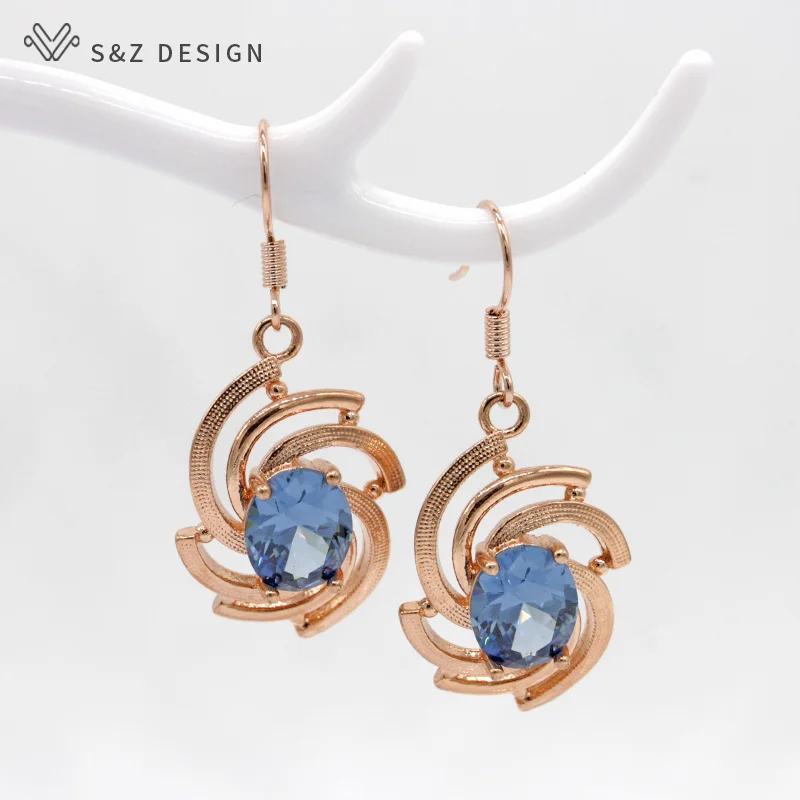 S&ampZ New Spiral 585 Rose Gold Color AAA Cubic Zirconia Earrings Hook Korean For Women Fashion Jewelry Anti-allergy Eardrop | Украшения и