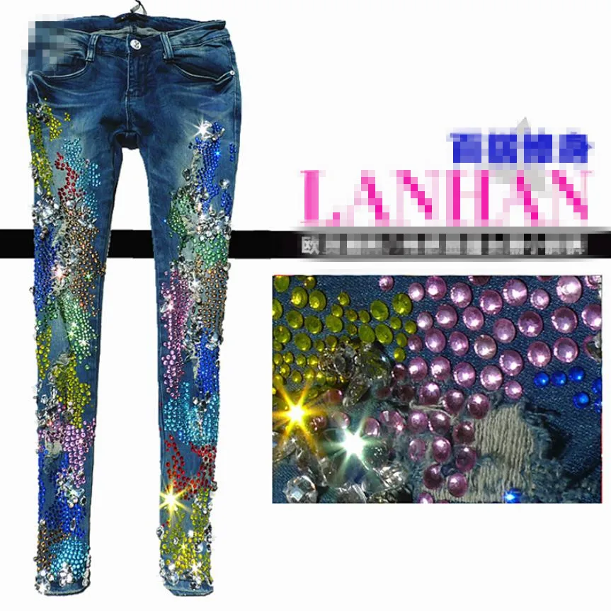 Женские джинсы карандаш с кристаллами и стразами на весну осень|Узкие джинсы| |