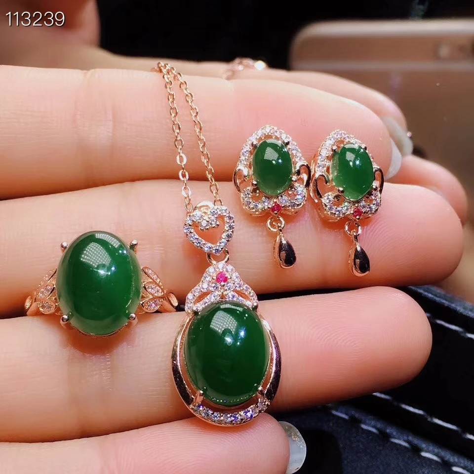 Серьги подвески из серебра 925 пробы с натуральным зеленым кольцом яшмы|Ювелирные