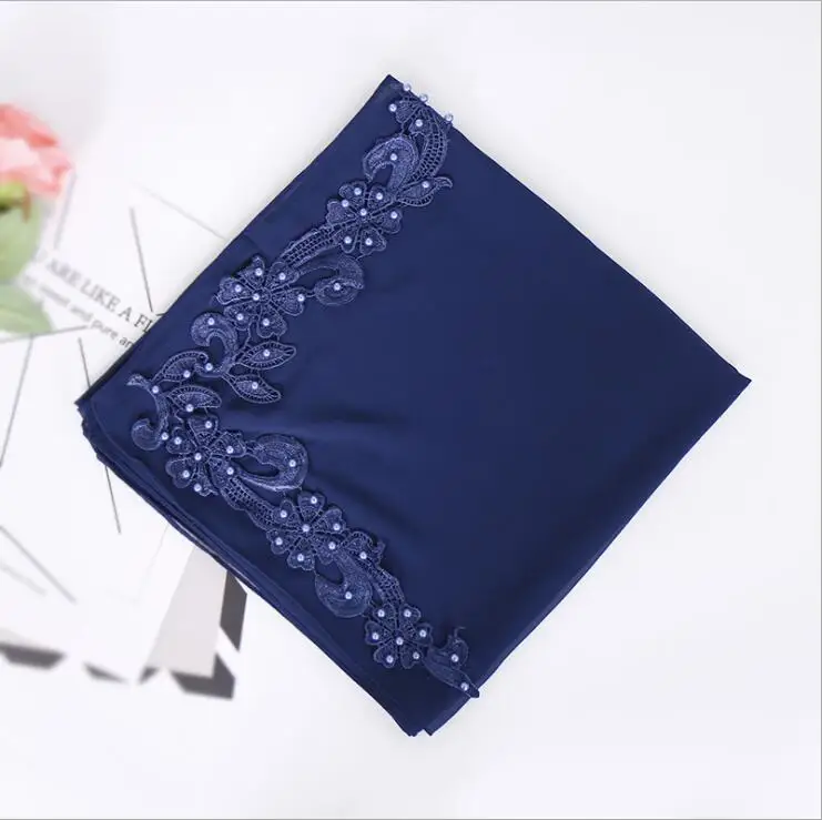14 navy blue Модный Малайзийский шифоновый квадратный шарф, сплошной мусульманский хиджаб, изысканная аппликация, квадратный платок, Женский тюрбан Musulman 115x115 см - Цвет: 14 navy blue