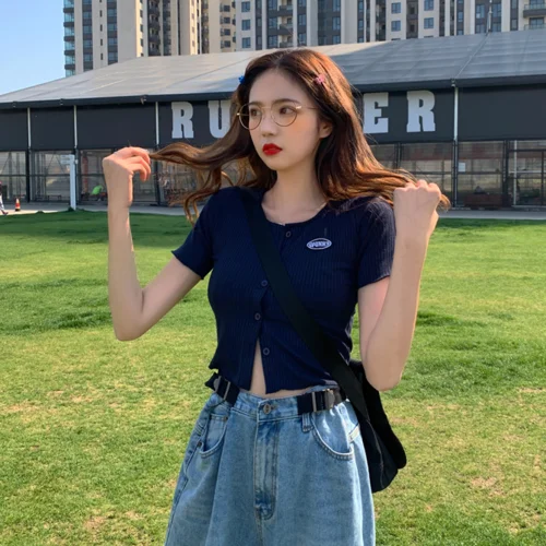 navy blue Футболки женские ретро тонкие короткие однотонные простые трикотажные Harajuku женская верхняя одежда шикарная элегантная женская однобортная футболка верхняя одежда - Цвет: navy blue