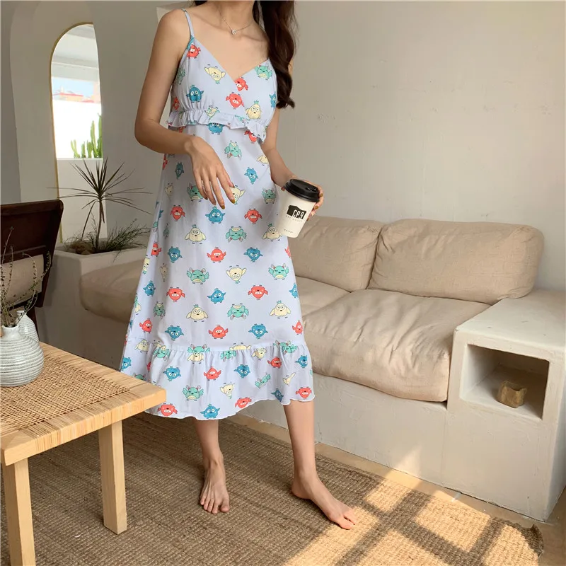 Caiyier Cotton Sleepshirts Sling Sleepwear Sexy Lingerie Korea Cute Print Famale Nightgowns Summer Women Nightdress Breast Pad | Женская