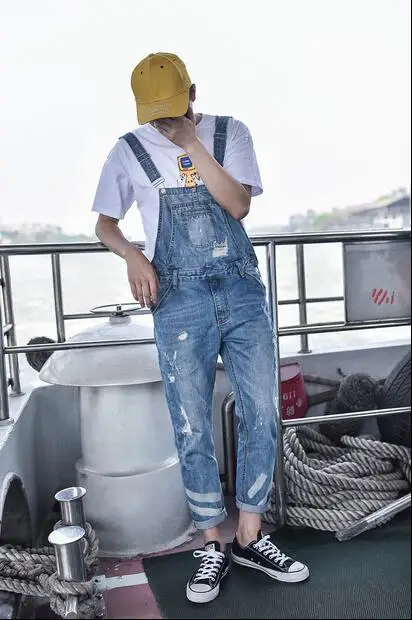 

M-3XL!!! 2018 Youth hole suspenders of cultivate one's morality men nine points of jeans Tooling feet jumpsuits