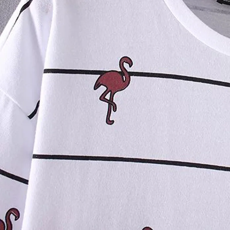 LD Helly женщин Фламинго принтом полосатые футболки женские летние милые уютный