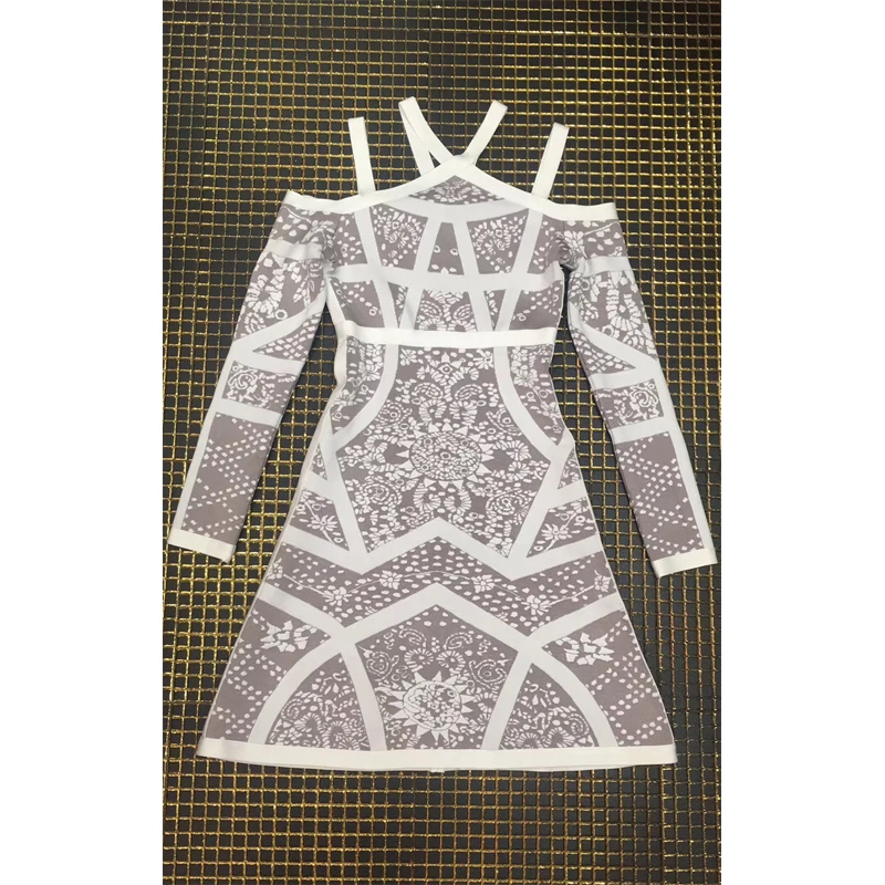 

High Quality Jacquard Long Sleeve Celebrity Wedding Party Dress Elegant White Bodycon Halter Bandage Dresses Vestidos Wholesale