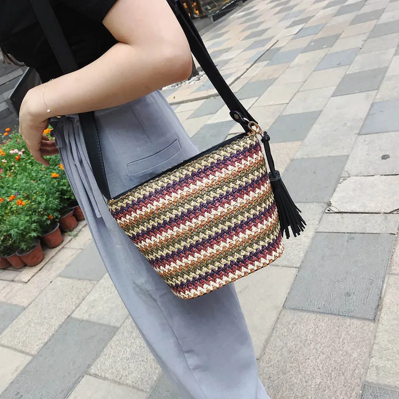 Пляжная Соломенная Сумочка с кисточками для женщин праздничная богемная модная