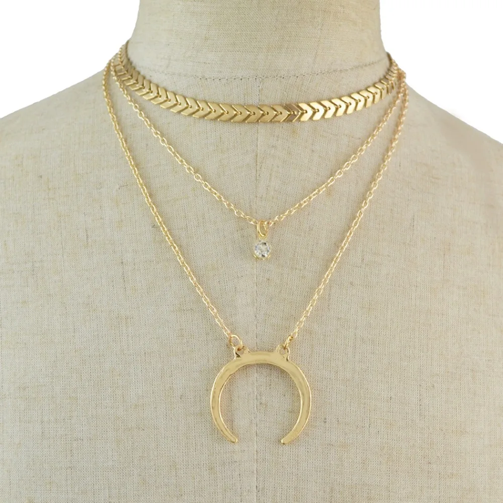 

New Fashion Women Jewelry 2 Colors Gold Metal Moon Multilayer Pendant Choker Necklaces Women Bohemian Chain Necklace