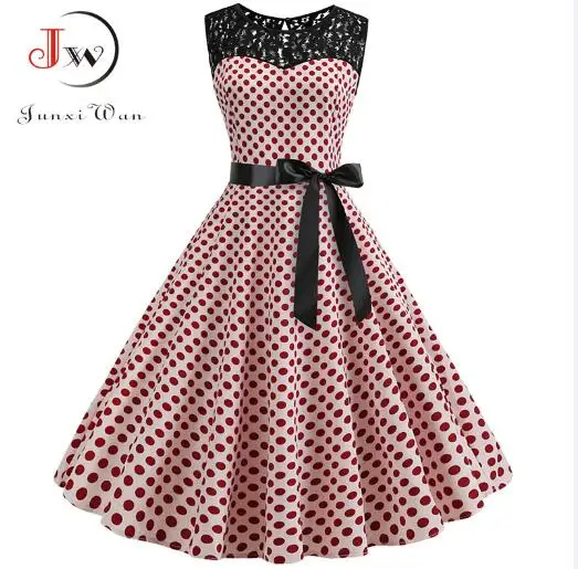 002 Сексуальное летнее кружевное элегантное вечернее платье для женщин, с круглым вырезом, красное, в горошек, винтажное платье, повседневное, размера плюс, свинг, пин-ап, рокабилли, Vestidos - Цвет: 002