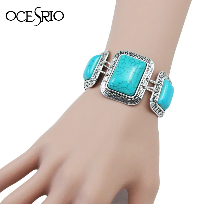 Женский винтажный браслет из синего камня большой квадратный и серебра с
