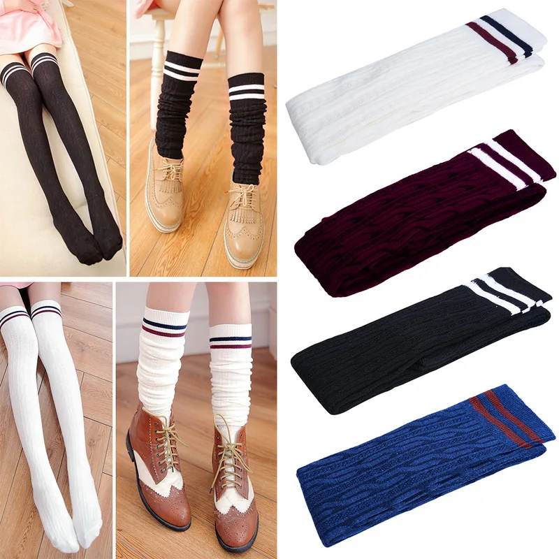 Женские хлопковые чулки выше колена сексуальные теплые длинные полосатые до