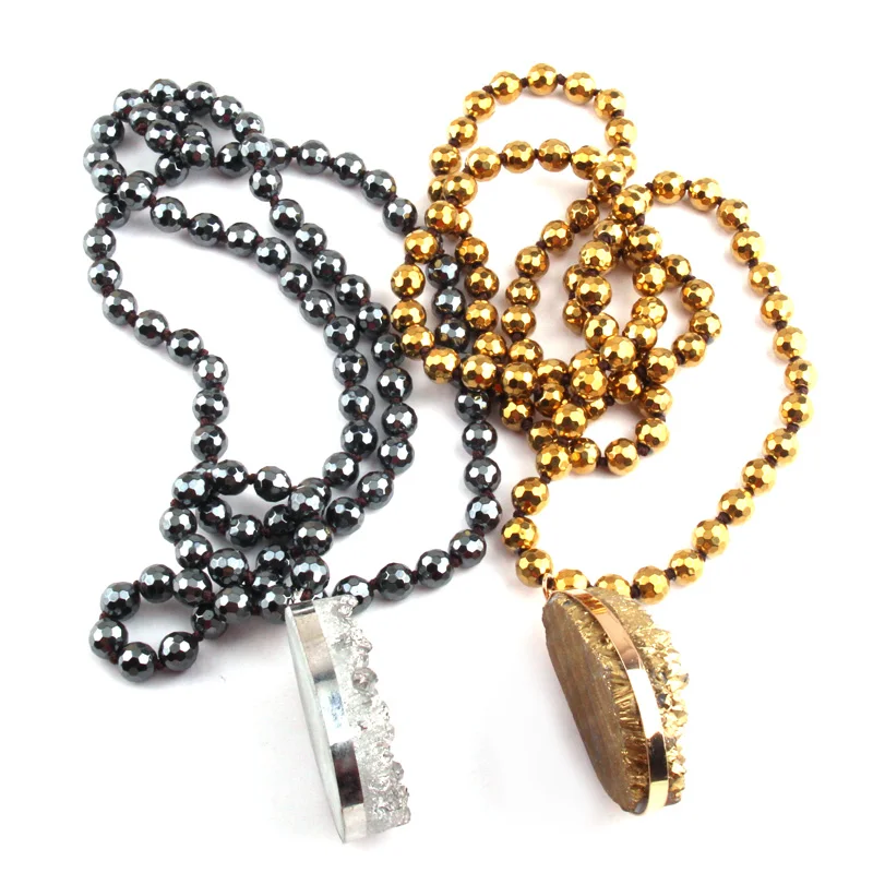MOODPC Ограненный Золотой Гематит камень длинный узлом шеи ручная работа друза