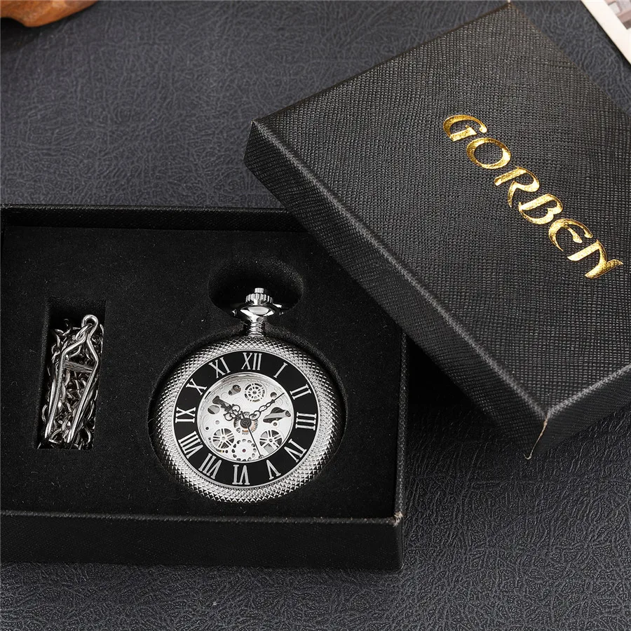 Pocketwatch Silver  Roman Numerals Antique Hand Wind Mechanical Pocket Watch Skeleton Steampunk Unique Gear Men Women