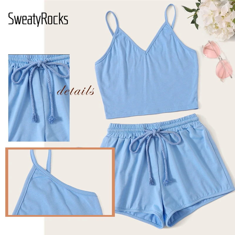SweatyRocks однотонный топ на бретельках и шорты с завязками на талии женские летние спортивные шорты базовый комплект из двух предметов шорты в уличном стиле