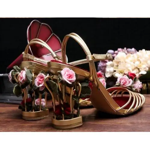 

Fretwork Heel light pink Rose Flowers Sandals heels Party Wedding Dress Shoes plataforma Women High Heels Birdcage Heels Design