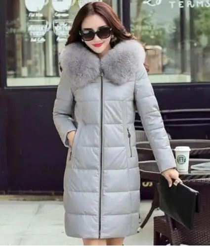 Silver gray Зимняя женская куртка высокого качества толще большой размер длинное Настоящее кожаное пальто с капюшоном Настоящий Лисий Мех теплое пальто из натуральной кожи WK257 - Цвет: Silver gray