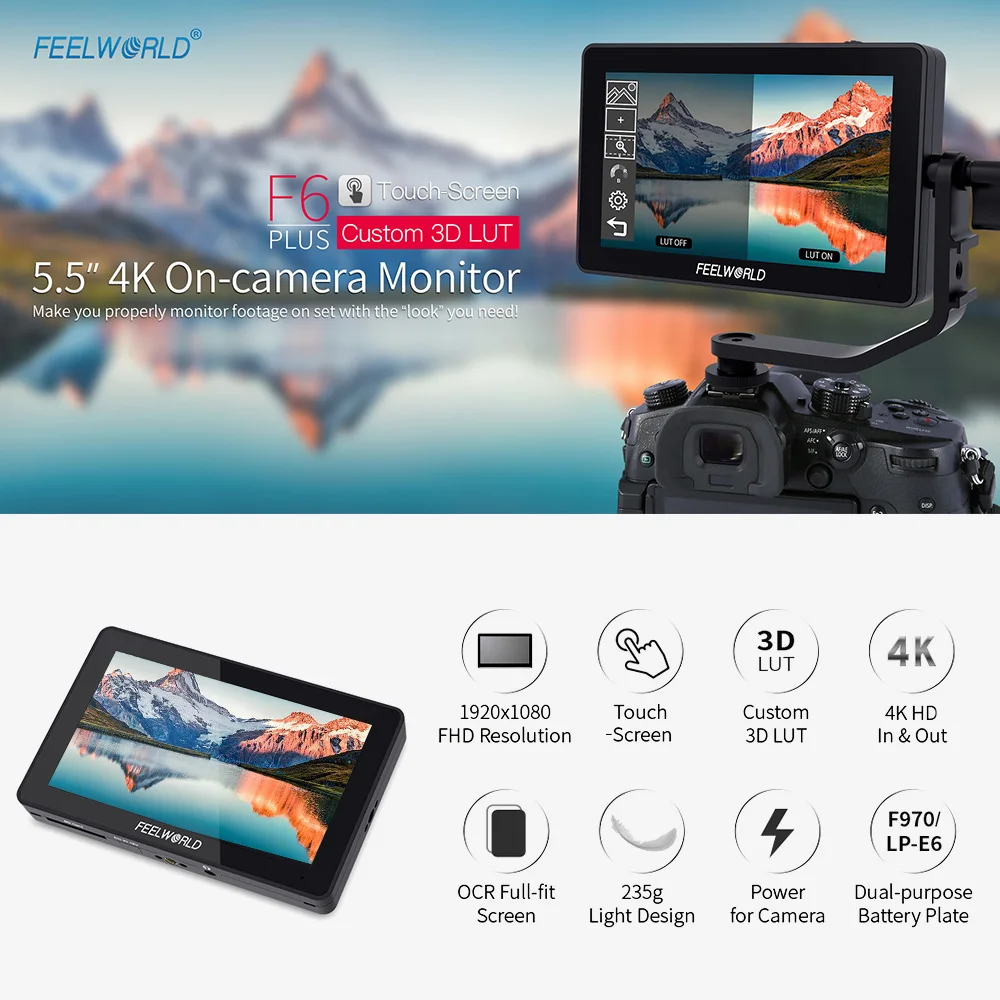 Накамерный монитор FEELWORLD F6 Plus 5 дюйма поддержка 4K HD стержневой зажим 25 мм для