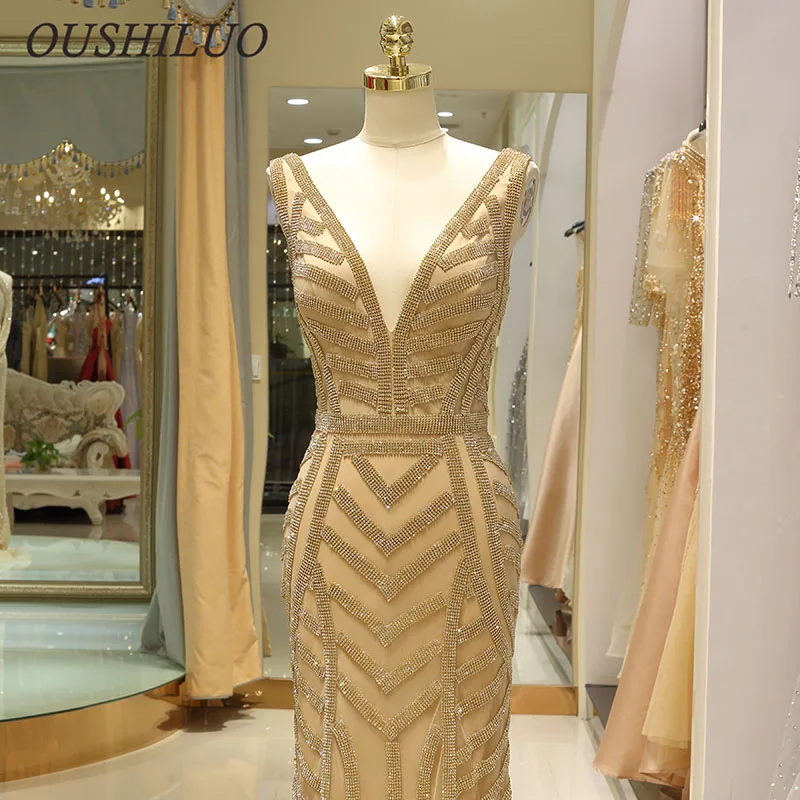 Сексуальное вечернее платье русалки с открытой спиной золотыми кристаллами