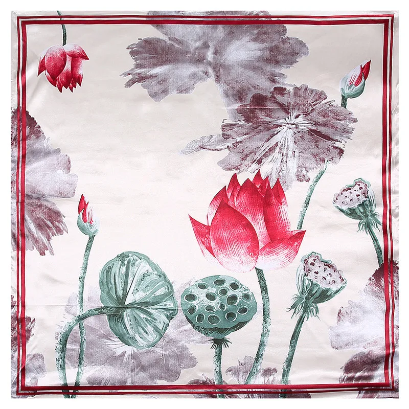 

2021 New Fashion Brand Scarf For Ladies Lotus Pond Silk Scarf Women Square Bandana Large Hijab Female Shawl Scarves Warps