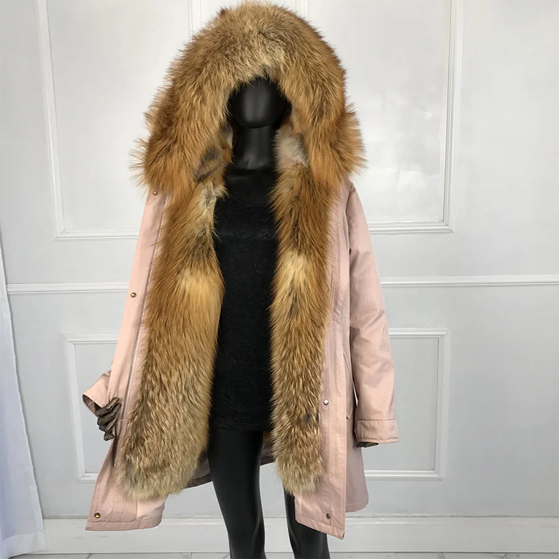 Парки из настоящего меха для Для женщин зимняя верхняя одежда с red fox меховым воротником, с капюшоном, с подкладкой большой толстовка с принтом лисьей морды пальто с мехом Куртка Толстая теплая куртка для оптоволоконного кабеля - Цвет: B