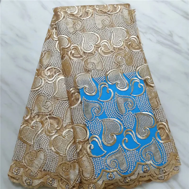 Персиковое Африканское кружево ткань для платья французская кружевная бисер