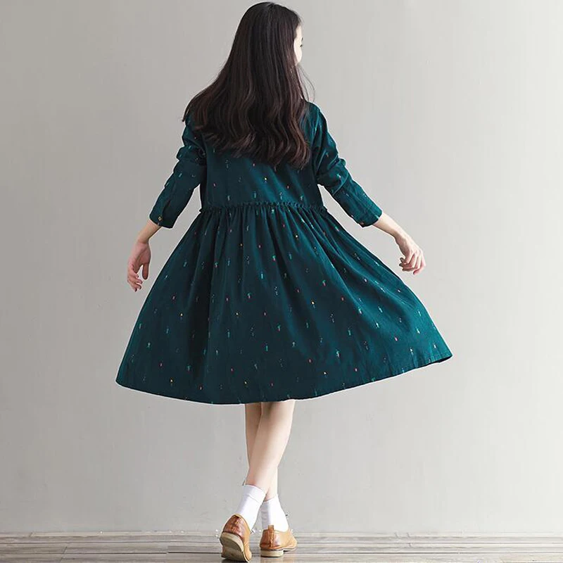 

2018 Vintage Women Loose Dress Turn-Down Collar Character Full Sleeve Casual Vestidos Femininos Corduroy Green Retro Lady Dress