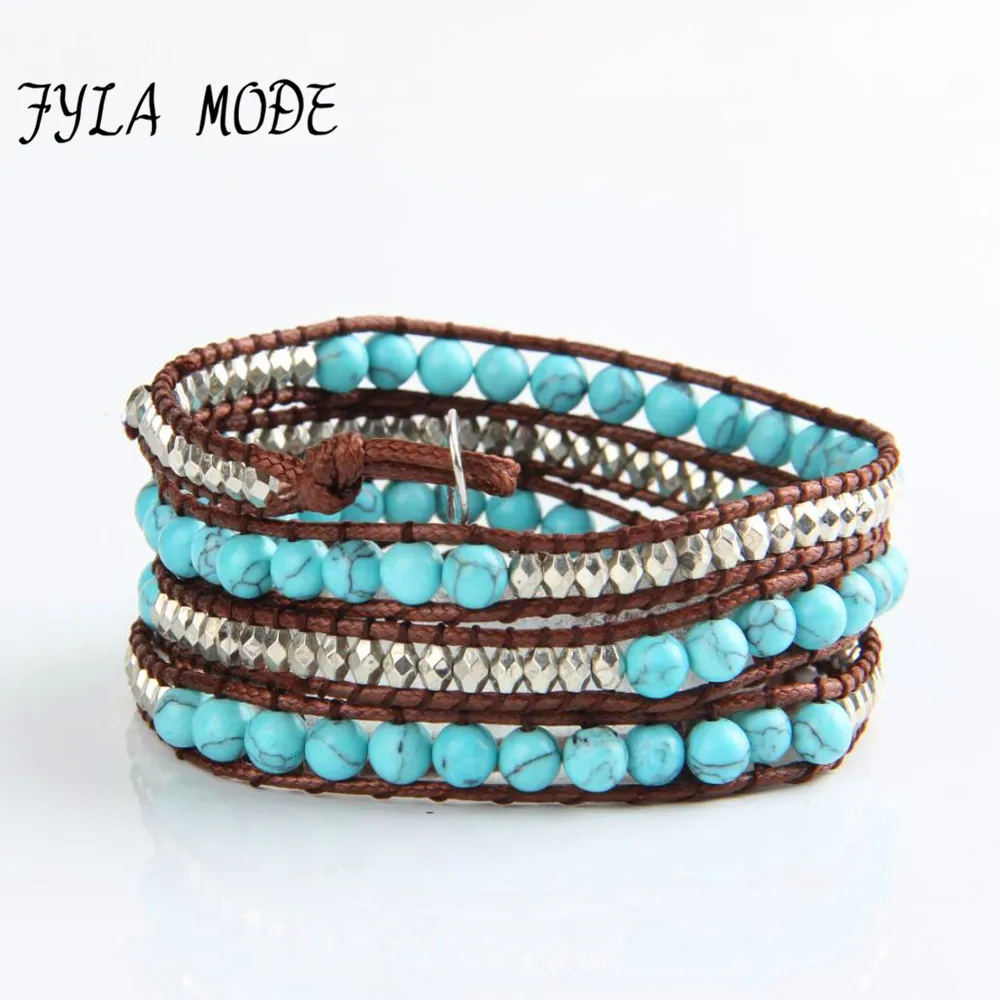 6mm Blue Stone Bead Charm Bracelet Silver Color Faceted 4 Wrap On Immitation Leather Handmade Jewelry Cuff Bangle | Украшения и