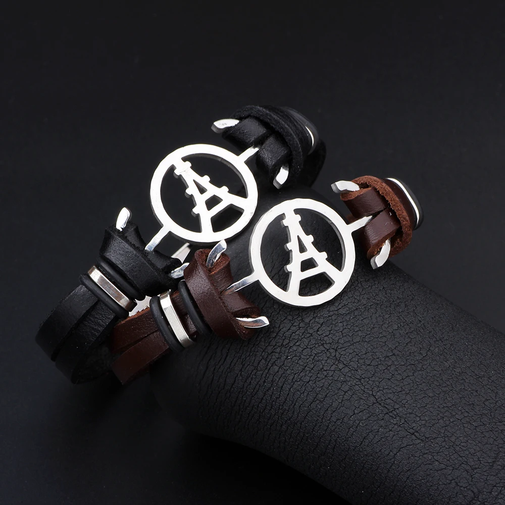 Paris Eiffel Tower Design Stainless Steel Charm Genuine Leather Cuff Bracelets &amp Bangles Women Men Casual Jewelry femme | Украшения и